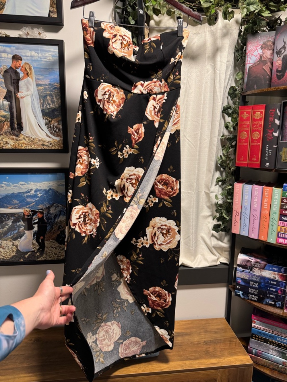 SCOBE Strapless Black Floral Hi-Low Midi Dress with Rose Print 💕 Romantic - Picture 9 of 10